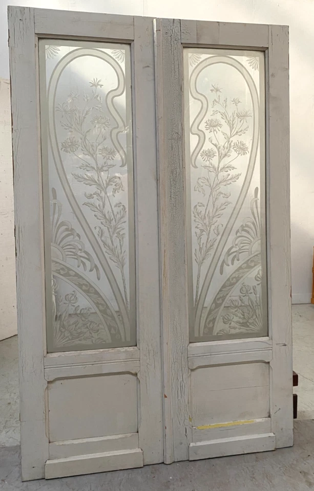 Double porte de séparation en bois et verre gravé XX siècle - Photo 3/4