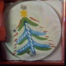 Vintage Kosta Boda Hand-Painted Glass Christmas Tree Ornament with Red Ribbon