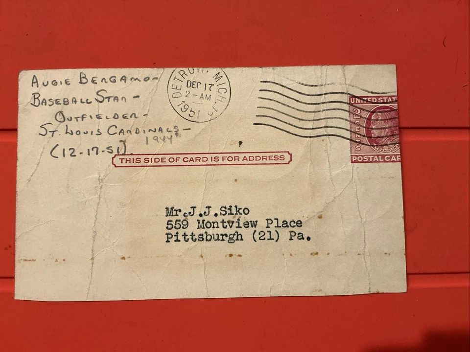 Augie Bergamo 🔥🔥MLB Debut: 1944 St. Louis Cardinals 🔥🔥Auto Postcard 🔥🔥 - Image 2 of 2