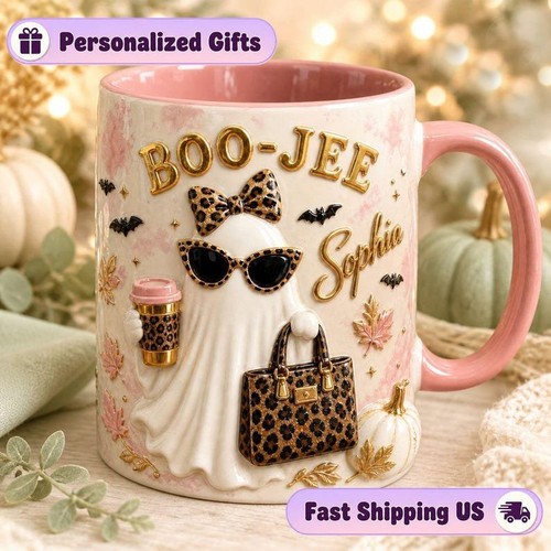 Personalized Boo Jee Mug, Boujee Halloween Design, Leopard Ghost Coffee Mug