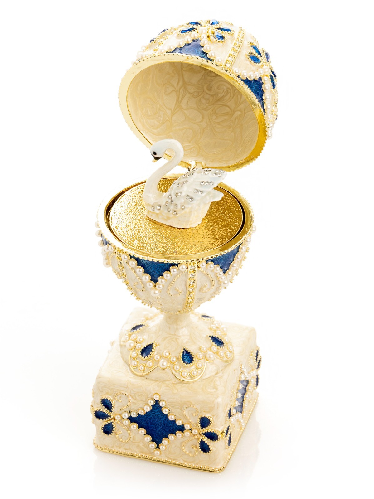 Keren Kopal Pearl Egg with Swan Trinket box Decorated with Austrian Crystals