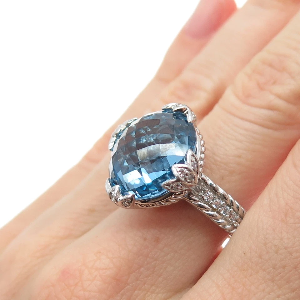 Anillo Judith Ripka Plata de Ley 925 Real Corte Redondo Topacio Azul y C Z Talla 7.25 Foto 2 de 4