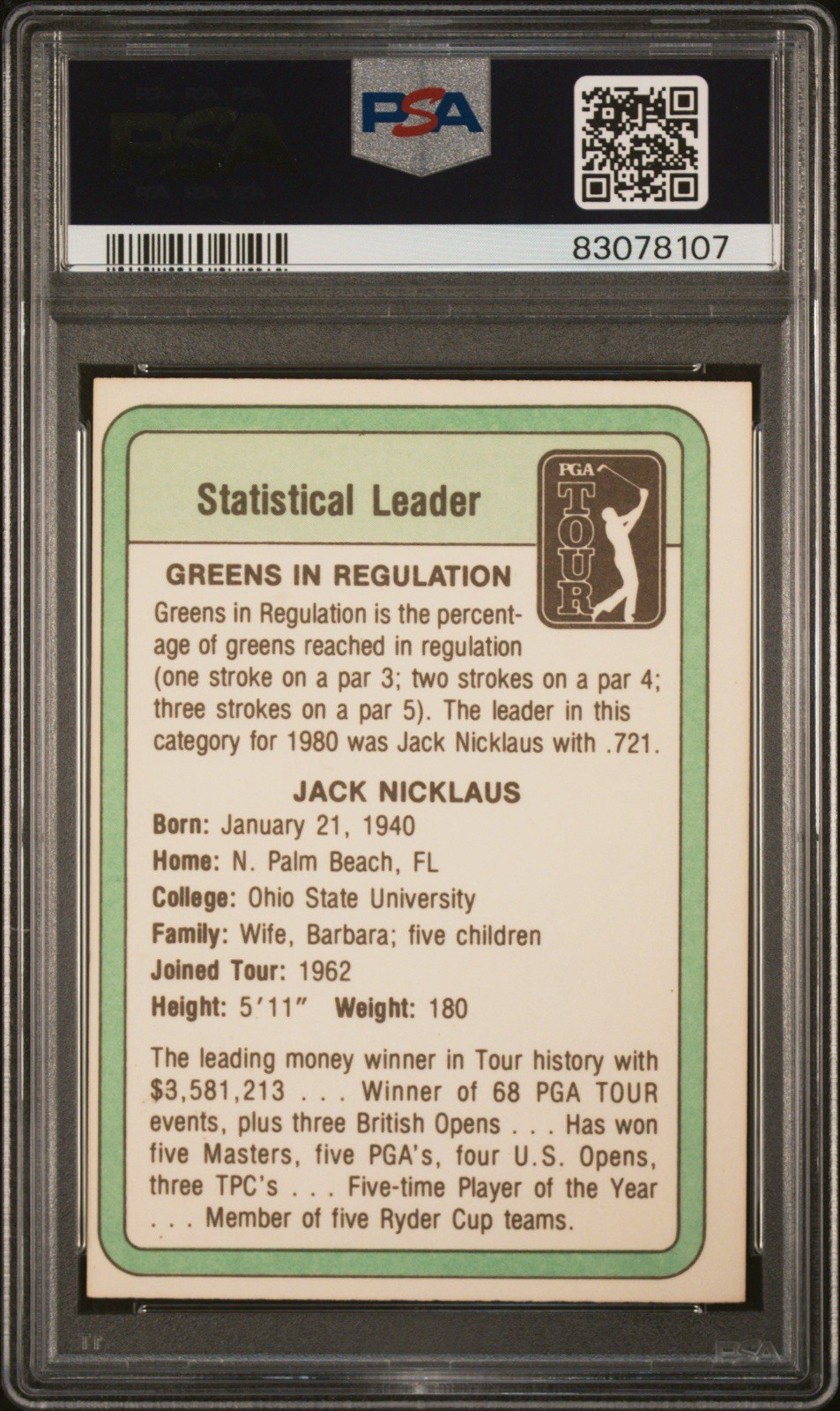 JACK NICKLAUS SIGNED 1981 DONRUSS STAT LEADER GOLF ROOKIE CARD PSA/DNA AUTO 10 view 2