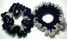 Handmade Navy Blue  Gray Crochet Scrunchies   Set of 2 Stretchy Hair Ties, New
