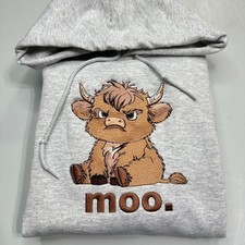 Highland Cow HOODIE Sweatshirt Embroidered Grumpy Moo Adult Farm Animal Gift