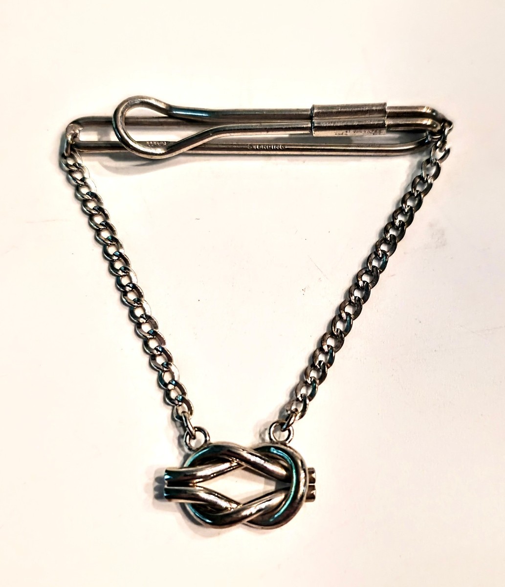 Vintage Sterling Silver Tie Bar Clip with Chain Rope Knot gr
