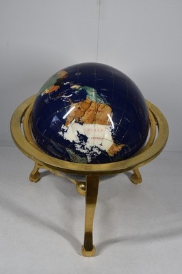 12'' Gemstone Tabletop World Globe Tripod Stand Natural Mineral Inlay Map Rotates