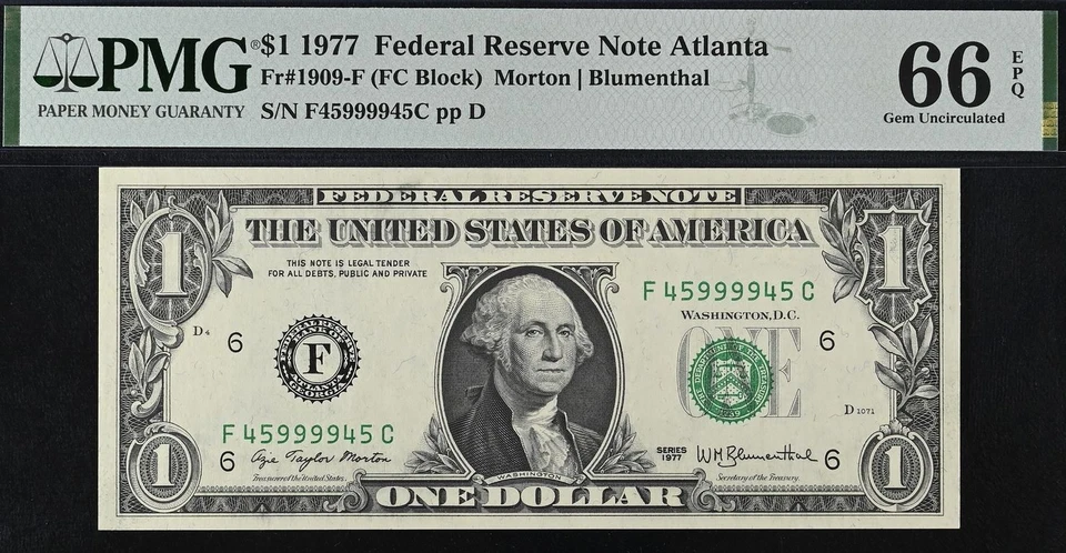1977 $1 Federal Reserve Note PMG 66EPQ - Fancy Serial Number 45999945 - Image 2 of 3