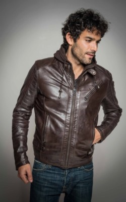 Men's Motorcycle Brando Style Biker Brown Leather Hoodie Jacket - Detach Hood