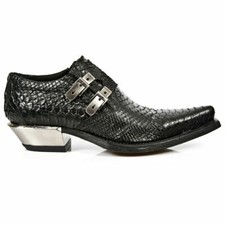 NEWROCK 7934-S2 Mens Embossed Python Black Leather Shoes Buckle Steel Heel Boot