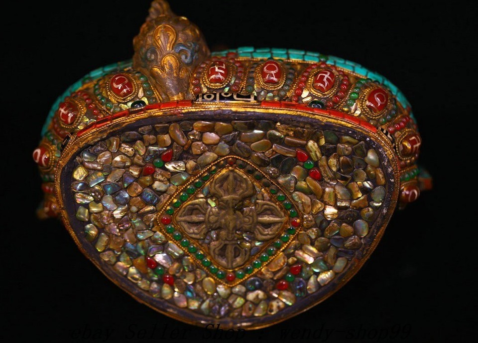 13" Old Tibet Copper 24 K Gold Gilt Turquoise Green Tara Guanyin Buddha