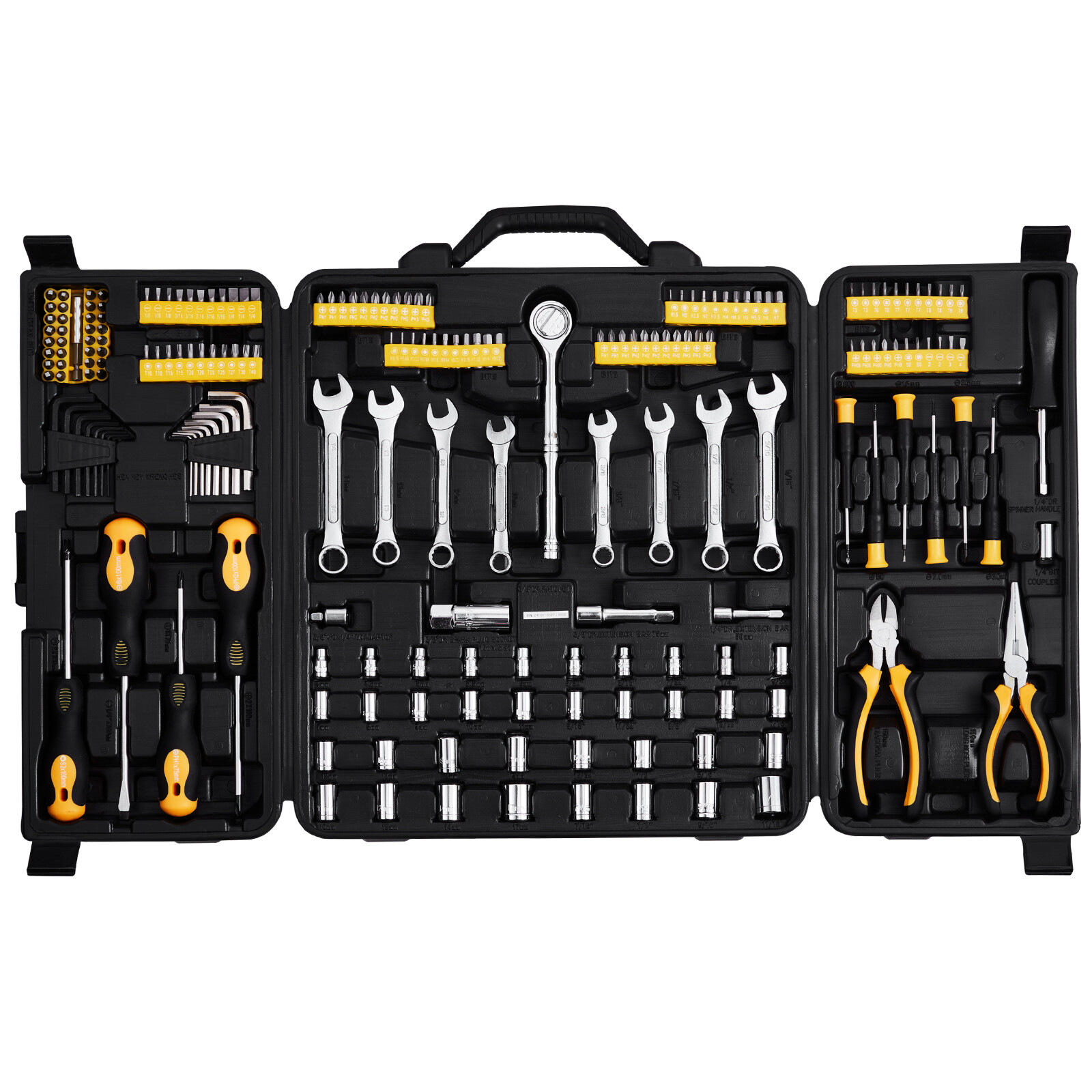 Coffret d'outils de mecanicien VEVOR de 221 pieces avec douilles SAE et metriques 1/4" et 3/8"