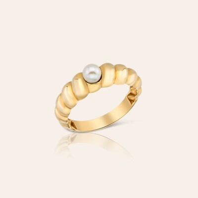 14 Karat massiver Gold Perlen Croissant Ring | gedrehte Kuppel mit natürlicher Perle | 2-11