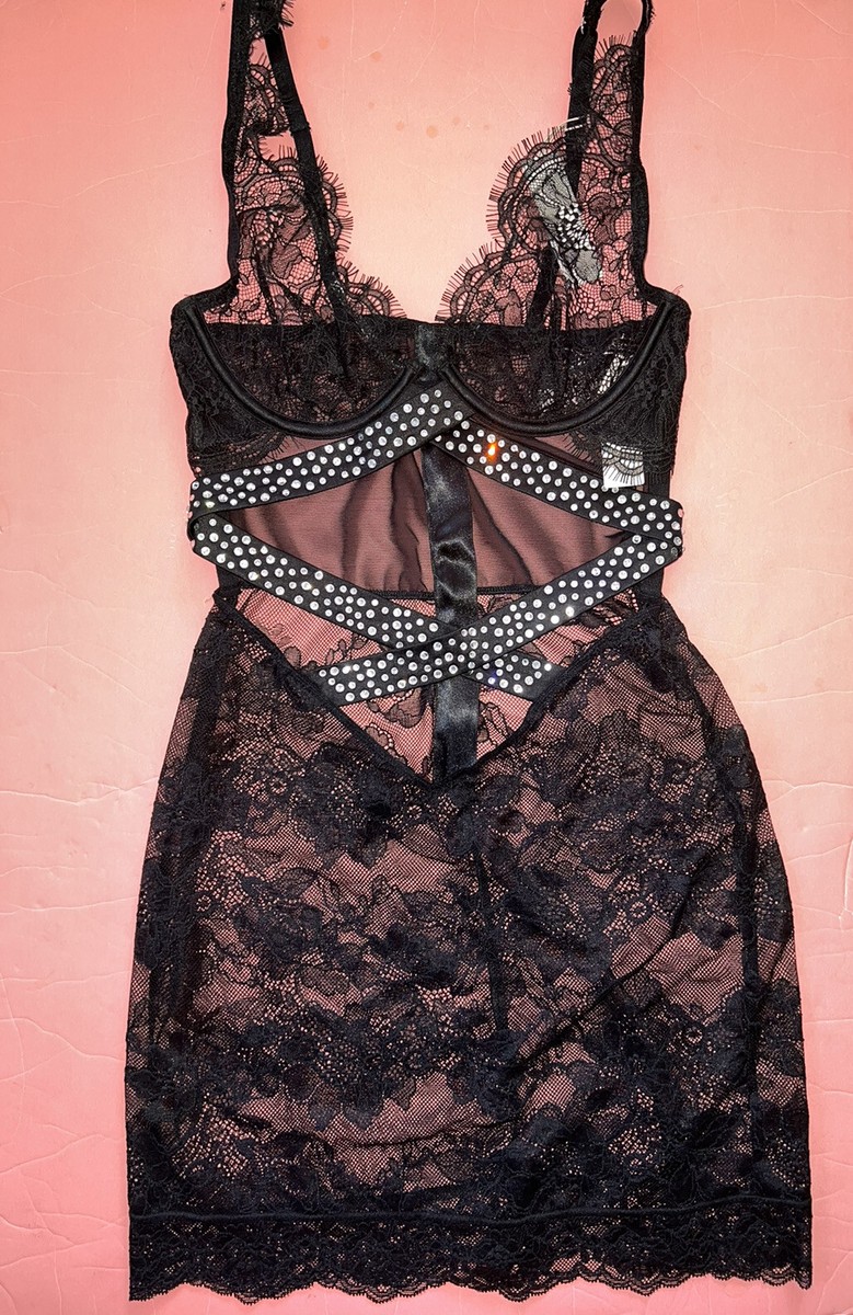 Victoria's Secret XS,S,M,L SLIP DRESS mini black lace satin SHINE STRAP  SEXY | eBay