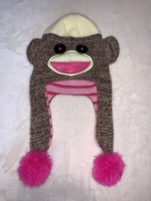 Monkey Toboggan Beanie Winter Cap Hat Ear Flaps Kids 2T-5T Brown Pink