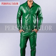Men's Genuine Lambskin Green Leather Front Snap Button Track Suit Sweatsuit Jogg