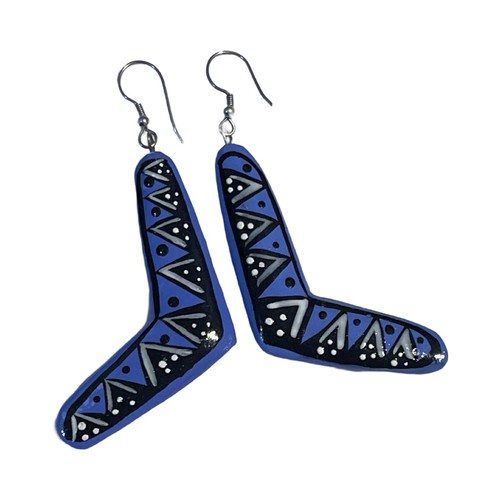 Australian Boomerang Shape Aboriginal Hand Painted Dangle Drop Earrings - Picture 3 of 5