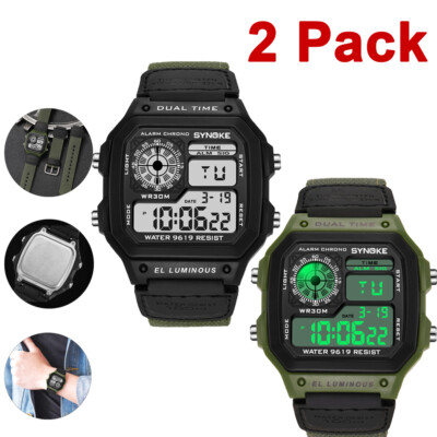2PCS Mens Waterproof LED Digital Sports Watch LED Screen Stopwatch Wristwatch