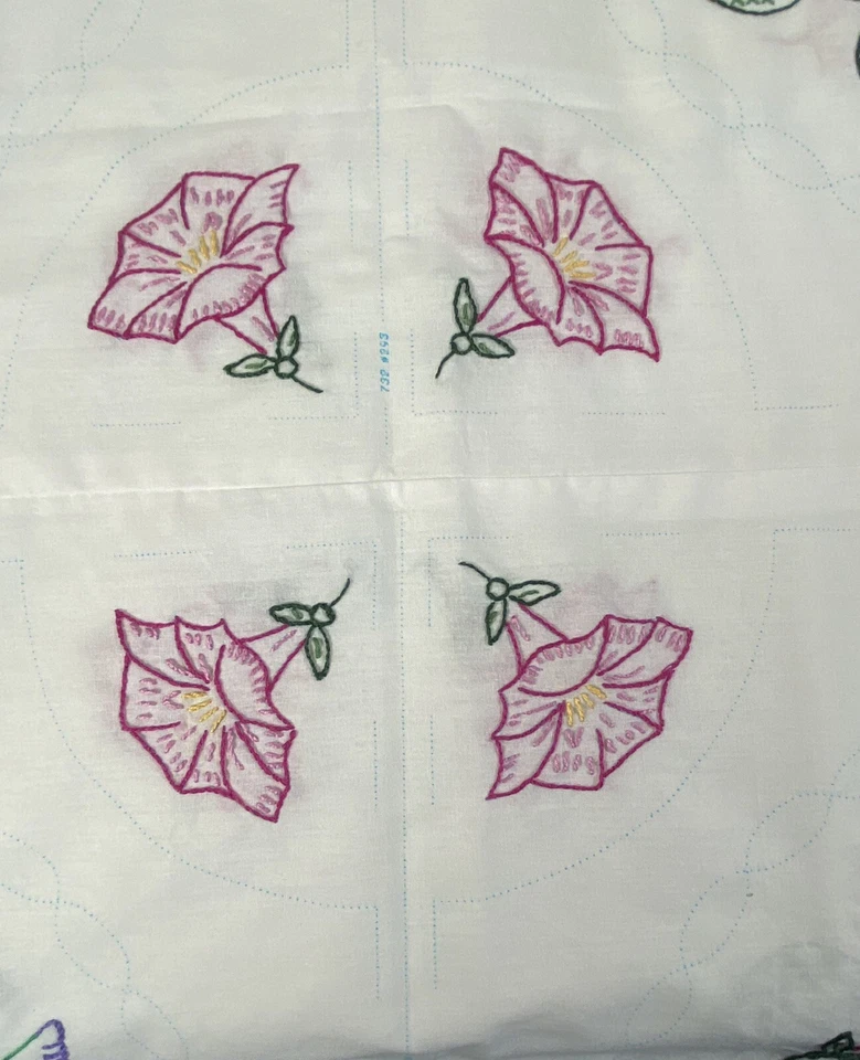 Vintage Embroidered Flowers White Embroidered 57x37" Linen Bed Quilt Block Panel - Image 2 of 4