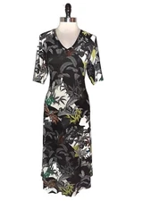 ATTITUDES BY RENEE Size L PETITE A-Line Dress Black White Birds Floral Pockets