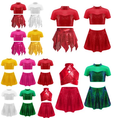 FREEBILY Girls 2 Piece Concert Disco Dance Outift Sequin Crop Top with Skirt Jazz Costume