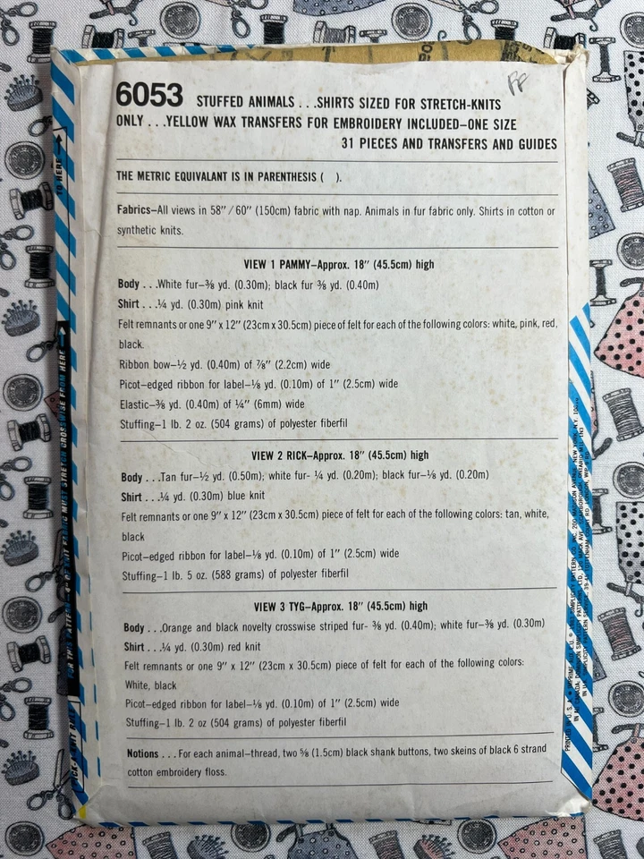 Simplicity Sewing Pattern 6053 Shirt Tales Stuffed Animals FF UNCUT - Image 2 of 2