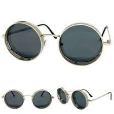 Mens Classic Cyber Biker Retro Steampunk SUNGLASSES Round Silver Frame Dark Lens
