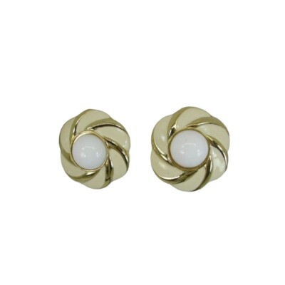 Vintage Neutral Enamel Clip On Earrings White Cream Ivory Off 52536