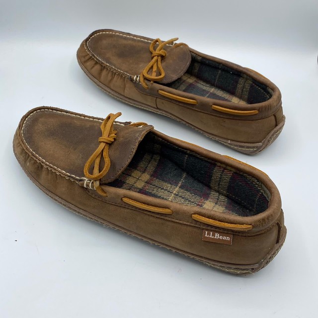 LL Bean Handsewn 212164 Mens Leather Flannel Lined Moccasin Slippers