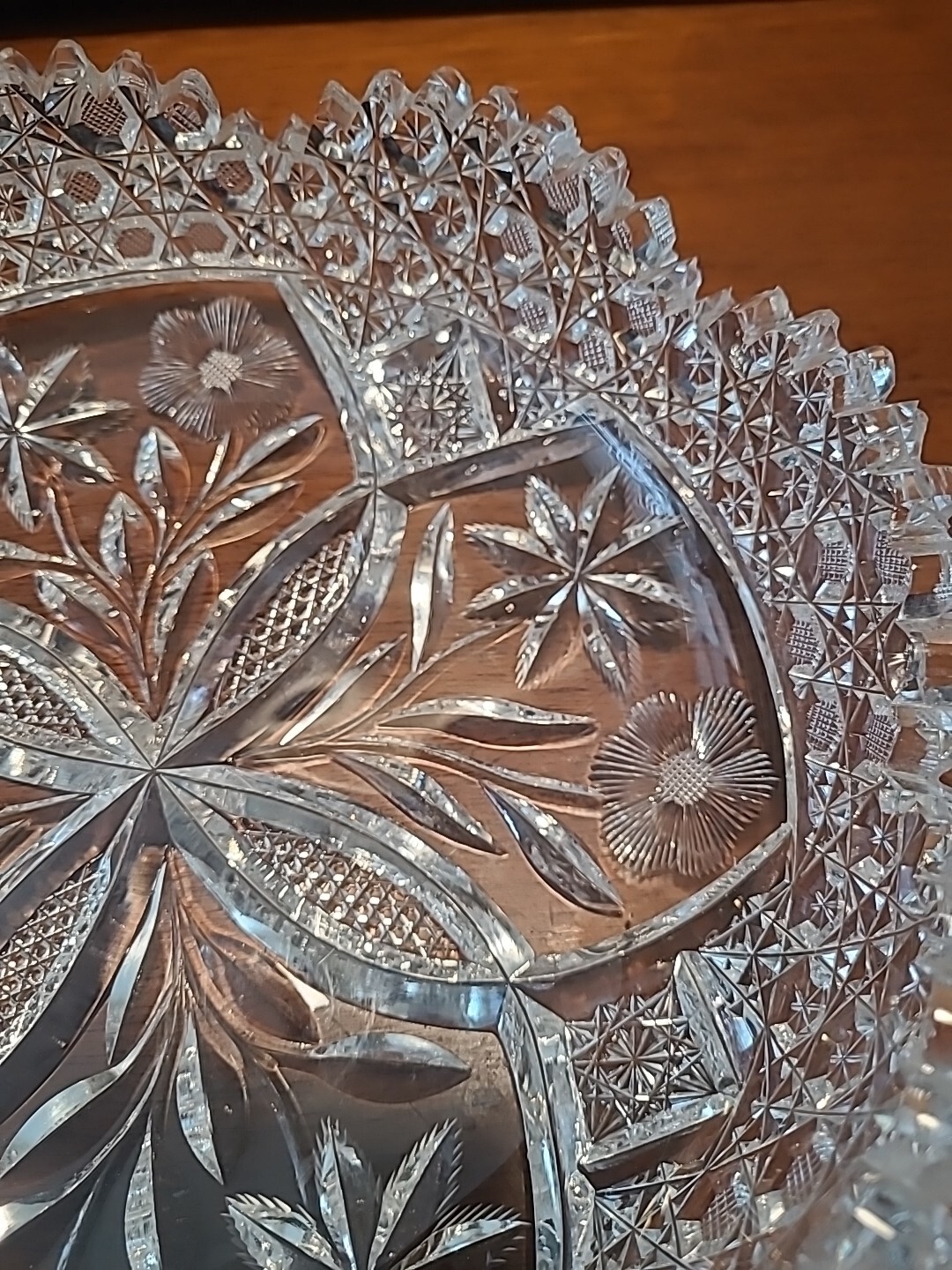 Antique American Brilliant Cut 9in Bowl 4 Leaf Floral/Flowers 3in Deep