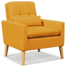 COSTWAY Mid-century Modern Accent Chair Linen Fabric Reading Armchair w/Pillow