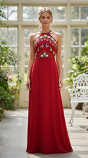 Red Halter Evening Dress Ball Gown Embroidered Maxi 34" Bust Floor Length Formal