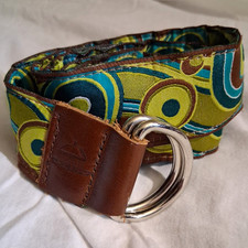 Vtg YRI Geometric Canvas Ribbon Belt Mod Retro Silver Buckle Made in USA M