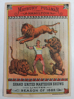 13. 1882 CIRCUS TRADE CARD Maybury Pullman Courier LItho Buffalo LIONS