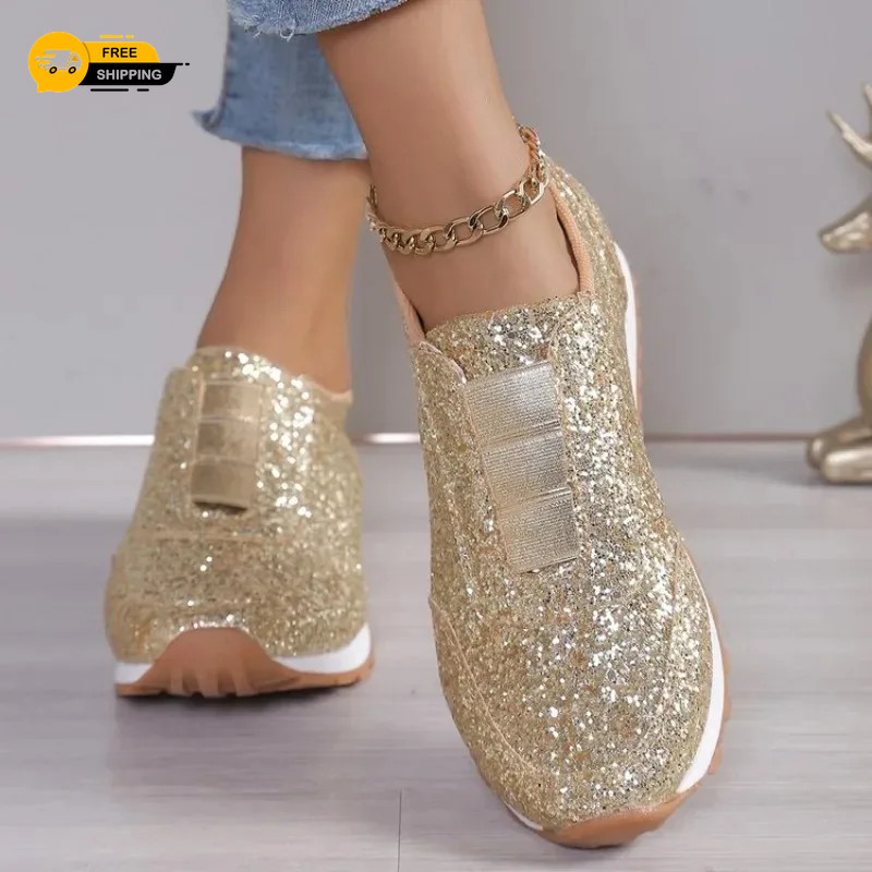Mujer Lentejuelas Informales Estilo Entrenador Sin Cordones Brillo Zapatos Negro Dorado Plata