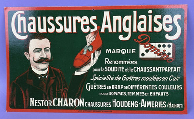Original um 1920 unbenutzte belgische Werbeschaukarte für Domino englische Schuhe