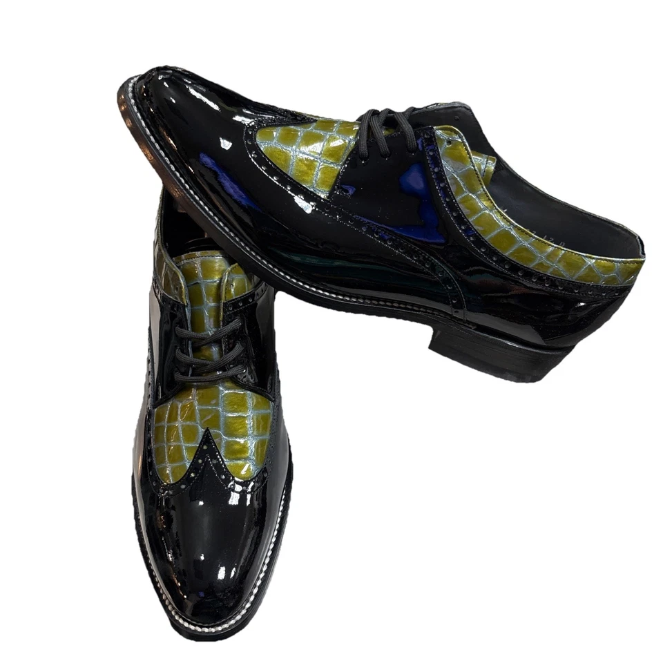 Zapatos Stacy Baldwin EE. UU. 12D Punta de Ala Oxford Negro y Verde Charol Clásico  Foto 2 de 4