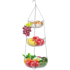 Multi-Function Metal Hanging Fruit Basket Set W/ Adjustable Chain & Hooks New