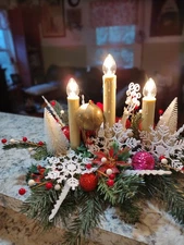 Vintage 3-Light Electric Christmas Candoliers Decorated With Vintage Items
