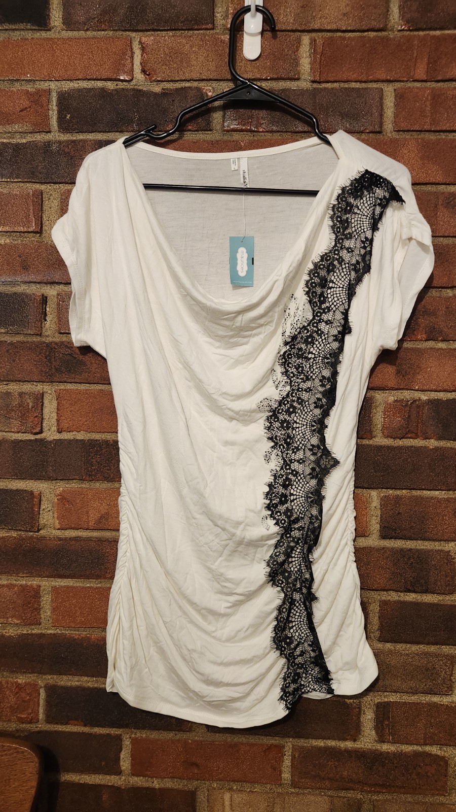 Maurice's studio Y White Black Lace Ruched Cowl Neck Short Sleeve Blouse L