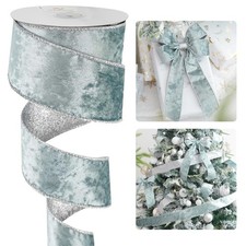 Dusty Blue Velvet Wired Ribbon 2.5 inch Blue Velvet Ribbon with Glitter Silve