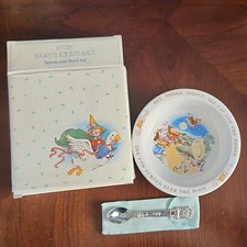 Avon Baby's Keepsake Bowl & Spoon Dish Set Hey Diddle Diddle 1984 White