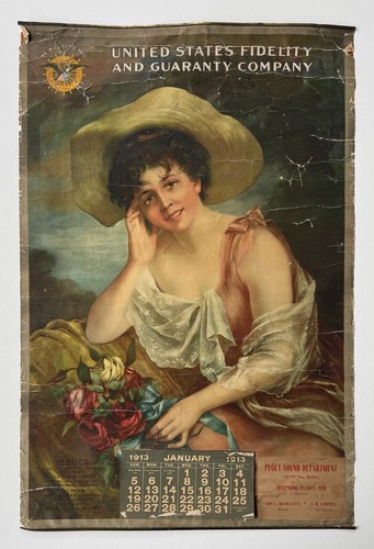 1913 US Fidelity Guaranty Calendar Seattle Puget Sound Antique 30x20