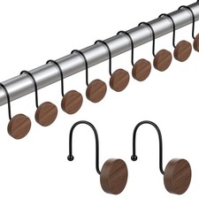 Black Set Of 12 Imitation Wood Grain Resin Shower Curtain Hooks Hangers Rings