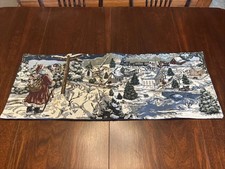 VTG Cozy Christmas Santa Village Tapestry Table Runner Snow Scene Church