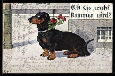 Artist postcard P.O. Engelhard P.O.E.: Will she come?, Dachshund with roses on 