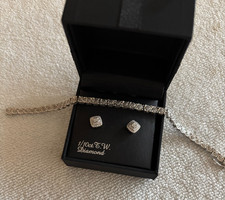 NEW DIAMOND IN STERLING SILVER EARRINGS AND MATCHING BRACELET, WITH BOX
