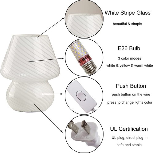 Mushroom Lamp Glass Table Bedside Striped Translucent Murano Vintage Style Light - Picture 4 of 9