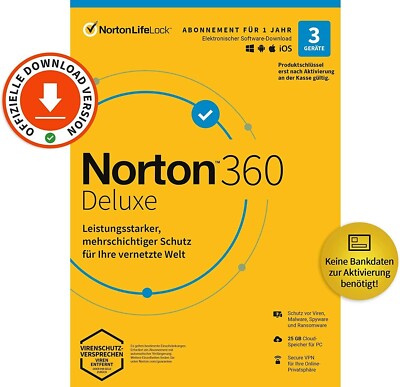 NORTON 360 DELUXE 3-Geräte / 1-Jahr Internet Security 2024 kein ABO / KEY