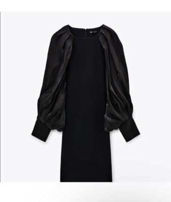 Zara Combination Oversized Balloon Sleeves Dress Black Mini Style Size S Women s